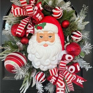 Festive Santa Holiday Wreath with Red and White Accents
